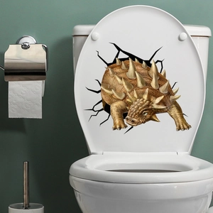 3D dinosaur wall decal showing a realistic Ankylosaurus breaking through a white toilet lid