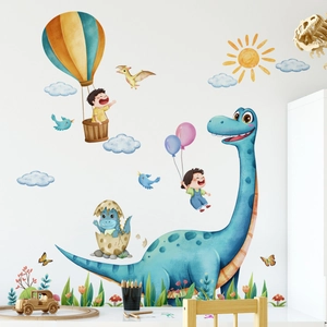 Watercolor dinosaur wall stickers with hot air balloon and sun for kids room decor