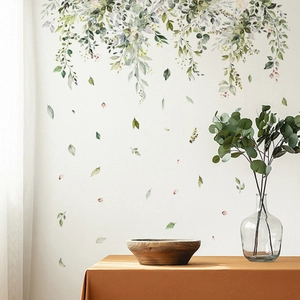 Stickers muraux 3D aquarelle feuilles vertes et fleurs pour décor de salon et chambre