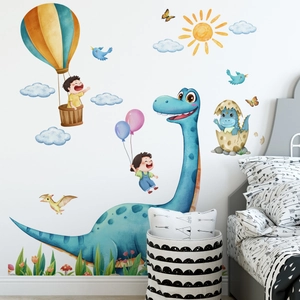 Watercolor dinosaur wall sticker with blue long neck dinosaur and hot air balloons
