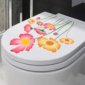 Floral Toilet Lid Sticker Removable PVC Pink Orange Cosmos Flowers Waterproof Bathroom Decor Toilet Seat Decoration Decal