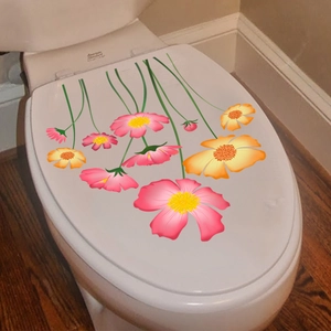 Floral wall stickers featuring pink and yellow cosmos for bathroom toilet lid decoration