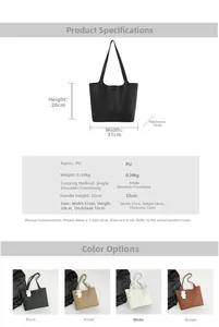 Detailed size chart for large PU leather tote bag with measurements and color options