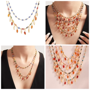 Detail view of multi-layer gold Evil Eye necklace with colorful beads on model