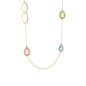 Collana dorata a goccia con pietre in vetro colorate e anelli ovali martellati da donna