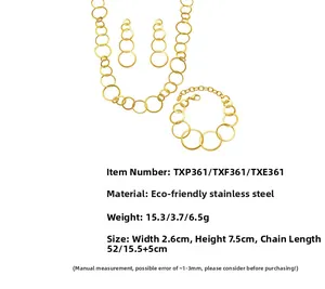 Detail von 18k vergoldetem Edelstahl-Schmuckset mit Maßen für Halskette und Ohrringe