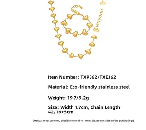Detailed view of 18k gold plated stainless steel hollow heart necklace and bracelet set