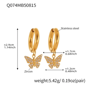 Dimensions détaillées et poids des boucles d'oreilles papillon avec zircons et plaqué or