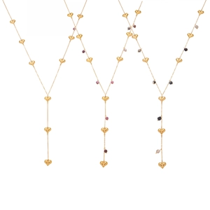 Long gold Y-necklace with hollow hearts and colorful natural stones for women