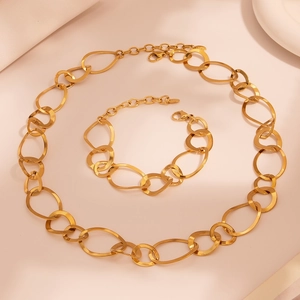 Parure collier et bracelet en acier inoxydable plaqué or 18k à maillons ovales
