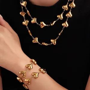 Hollow Puffed Heart Necklace And Bracelet Stainless Steel 18K Gold Plated High Polished Jewelry For Women