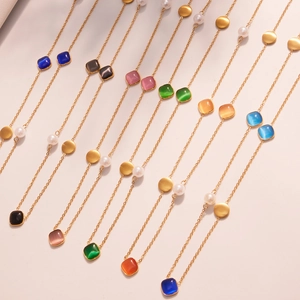 Rainbow cat-eye stone necklaces with gold stainless steel chain and pearl accents