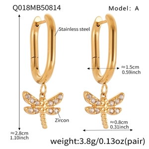 Detailed view of stainless steel dragonfly earrings with white zircon on oval hoops