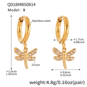 Detailed dimensions of stainless steel dragonfly earrings with zircon pave settings