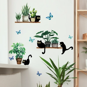 Topfpflanzen Schwarze Katze Wandtattoo PVC Selbstklebend Grüne Blätter Schmetterling Wandsticker Für Wohnzimmer Deko Kunst