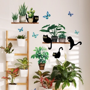Kreative schwarze Katzen und Topfpflanzen Wandtattoo für gemütliche Wohnzimmerdeko