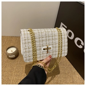 Sac à Épaule en Tweed Élégant pour Femmes Chaîne Rétro Plaid Petit Sac Bandoulière Carré Chaîne Dorée Fermoir Métallique Sac de Soirée
