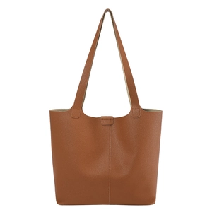Minimalist large caramel tote bag in pebble grain leather with dual shoulder straps