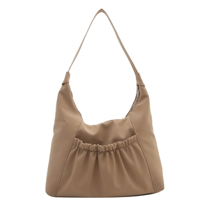 Fashionable warm brown pleated crescent shoulder bag with a minimalist bucket shape design