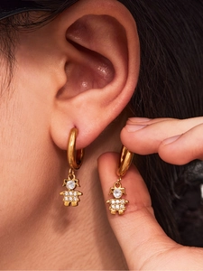 Close-up of gold bear-shaped earrings with micro-set cubic zirconia on an earlobe