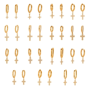 14 paires de créoles en acier doré avec pendentifs croix en zircon 5A étincelants