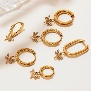 Set of 6 gold dragonfly hoop earrings with micro-paved cubic zirconia stones