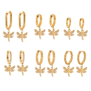 Set of 6 gold dragonfly earrings with micro-inlaid zircons and geometric hoop designs