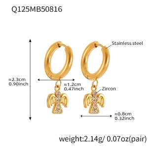 Detaillierte Maße für goldene Engel-Ohrringe aus Edelstahl mit Zirkonia-Steinen