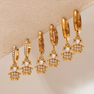 Sparkling 18k gold plated girl-shaped charm earrings with 5A zircon inlay on chic hoops
