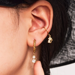 Gold-plated cat earrings with 5A zircons, featuring a hoop and ear cuff for women