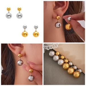 Collage of two-tone gold and silver ball drop earrings with lifestyle and model views