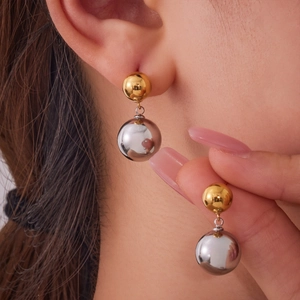Modern dual-tone stainless steel ball drop earrings with 18k gold and silver plating