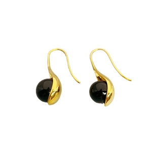 Polished gold plated drop earrings featuring black onyx beads and elegant hook design
