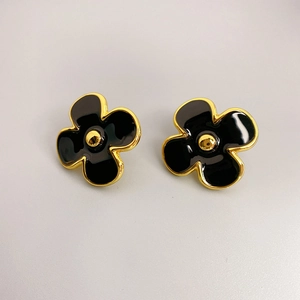 Minimalist 18K gold plated flower earrings with black enamel petals and S925 silver pins