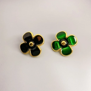 18K gold plated brass floral earrings with black and green enamel finish and S925 silver pins