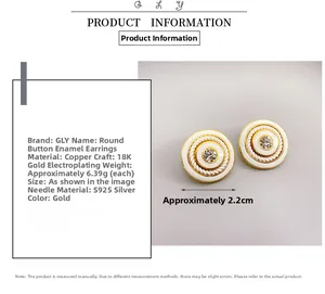 Detail showing white enamel button earrings with gold plating and cubic zirconia inlay