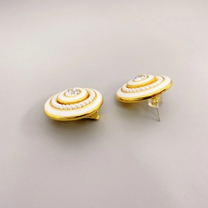 18K gold plated button earrings with white enamel, crystal center and S925 silver needles