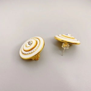 Vintage 18K gold plated brass button earrings with white enamel and sparkling crystal