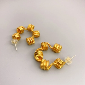 Spring Spiral C-Shape Hoop Earrings 18K Gold Plated Copper With 925 Sterling Silver Earring Post Vintage Modern Jewelry