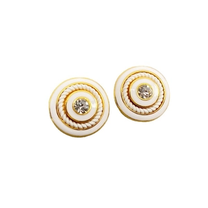 Vintage 18K gold plated brass button earrings with white enamel and center crystal