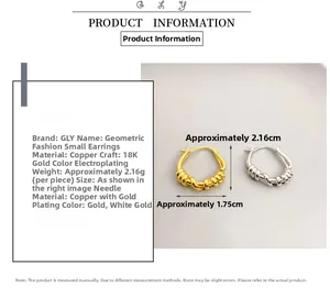Detail view of twisted gold hoop earrings showing product dimensions and brass material