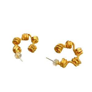 18K gold plated spiral earrings with textured wavy disks and S925 silver needles