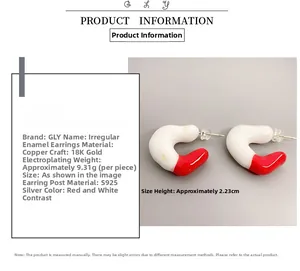 Detailed specs for brass enamel earrings with S925 silver pins and 18K gold plating