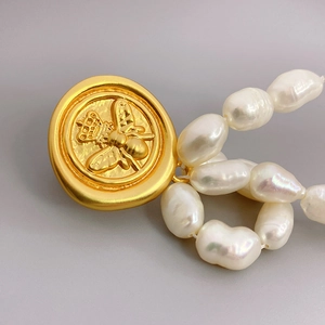 Vintage golden bee relief coin pendant with elegant white baroque pearl bow brooch jewelry
