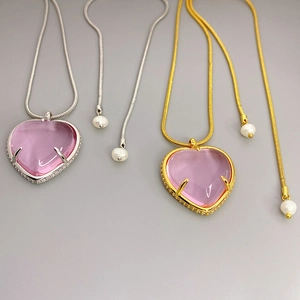 Heart Pendant Necklace Copper Pink Crystal Cubic Zirconia Adjustable Long Snake Chain Sweater Jewelry For Women