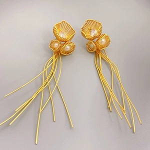 Boucles Oreilles Pendantes Fleur Creuse Gland Künstliche Perle Zircon Laiton Plaqué Or 18K Et Tige Argent Sterling 925 Vintage Femme