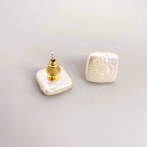 Baroque style square cultured pearl earrings with gold plated S925 silver stud pins