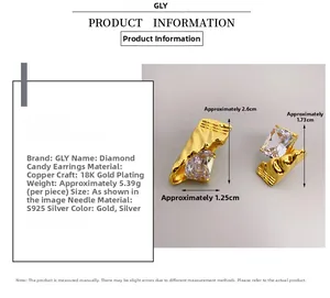 Detailed size specifications of silver needle candy shaped earrings with rectangle zircon