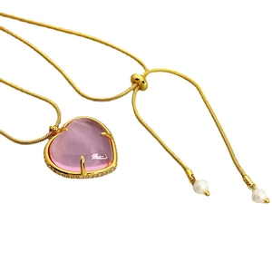 Fashionable heart pink crystal pendant necklace with adjustable gold snake chain