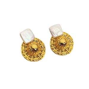 Baroque square pearl stud earrings with golden woven straw hat design for women